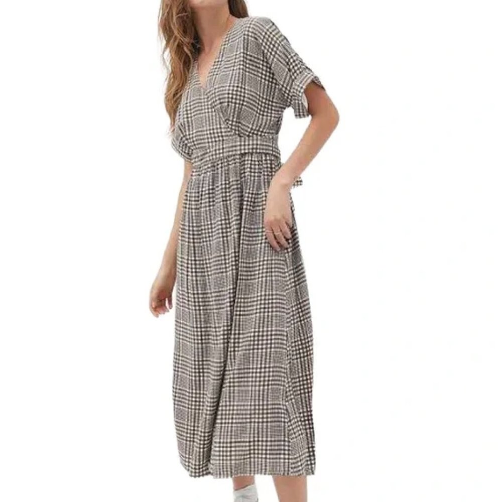 Urban Outfitters Brown White Checkered Wrap Midi Dress Size M